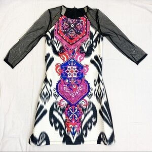 Sheer sleeve Suzani print dress